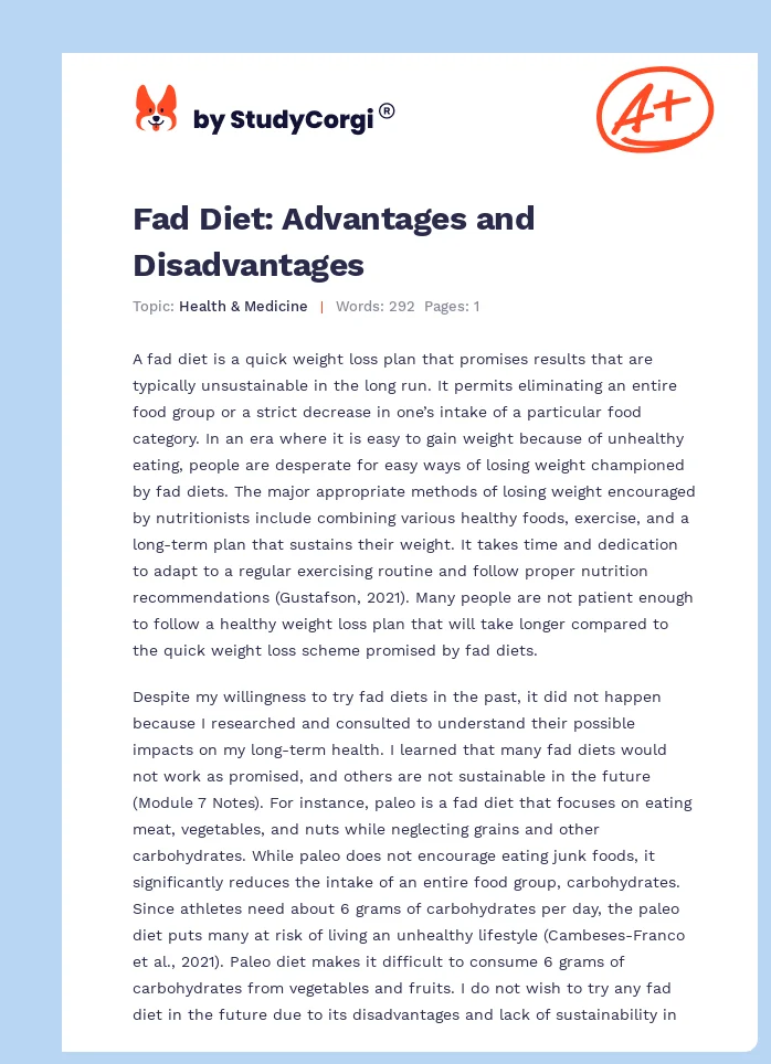 Fad Diet: Advantages and Disadvantages. Page 1