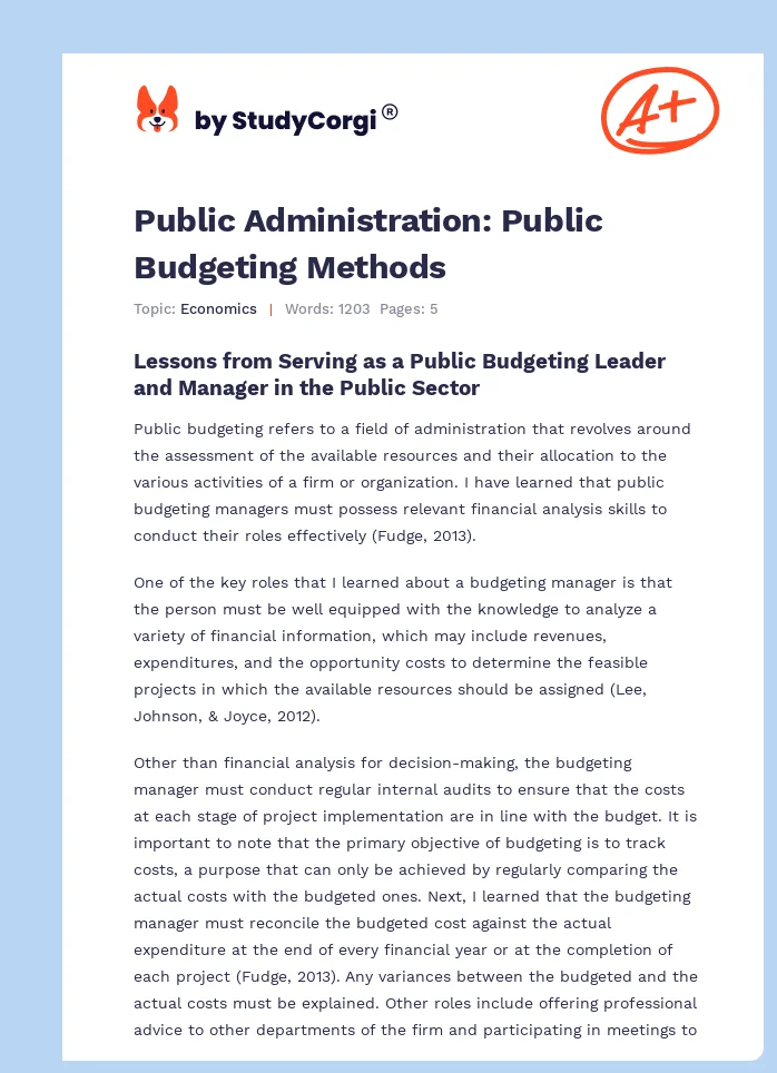 Public Administration: Public Budgeting Methods. Page 1