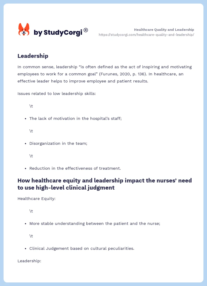 Healthcare Quality and Leadership. Page 2