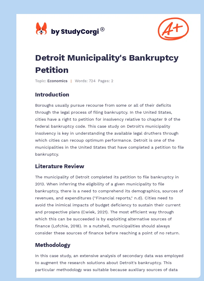 Detroit Municipality's Bankruptcy Petition. Page 1