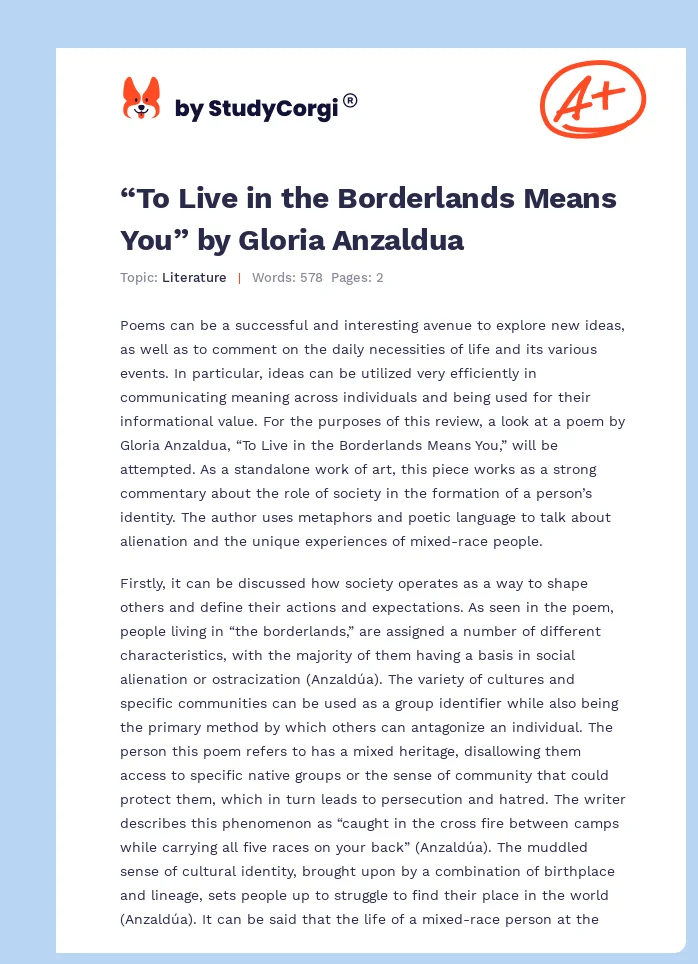“To Live in the Borderlands Means You” by Gloria Anzaldua. Page 1