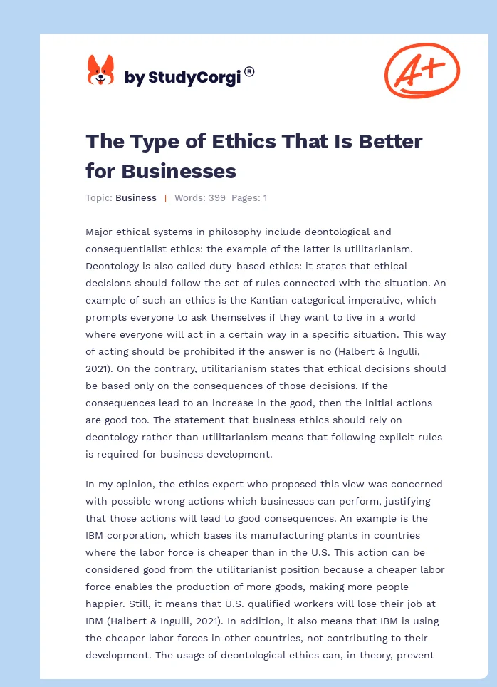 The Type of Ethics That Is Better for Businesses. Page 1
