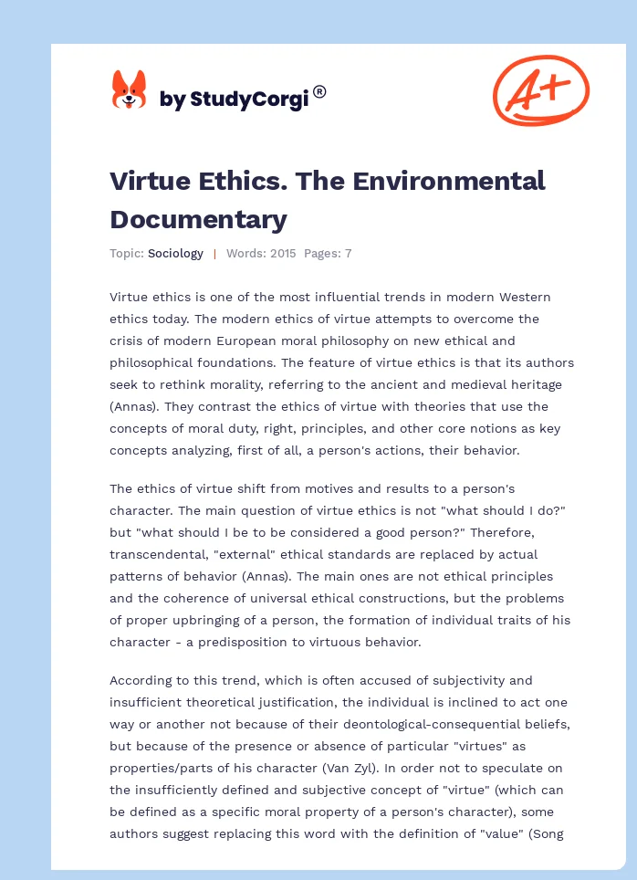 Virtue Ethics. The Environmental Documentary. Page 1