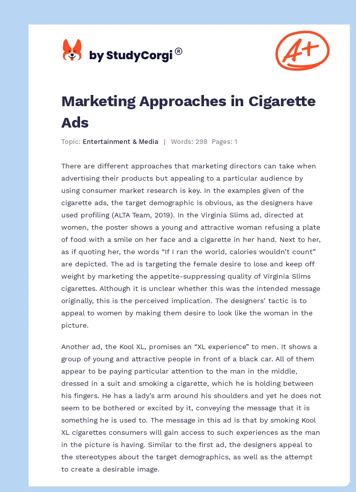 Marketing Approaches in Cigarette Ads. Page 1