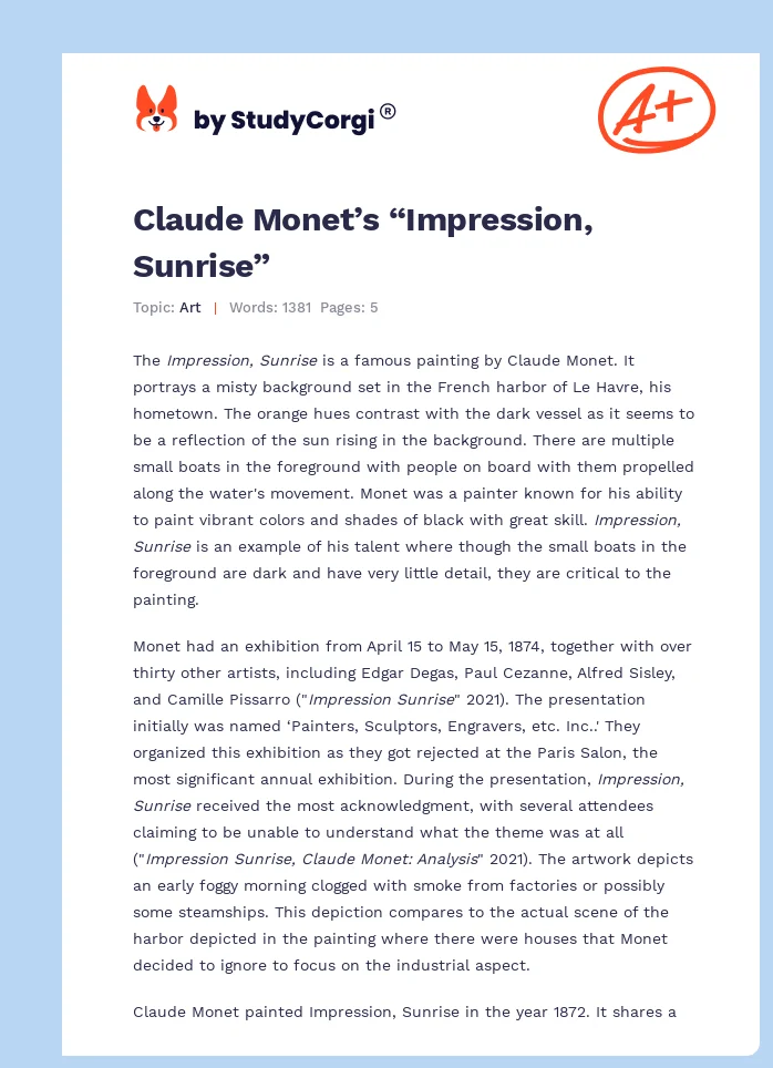 Claude Monet’s “Impression, Sunrise”. Page 1