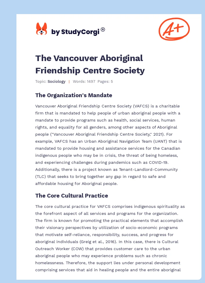 The Vancouver Aboriginal Friendship Centre Society. Page 1