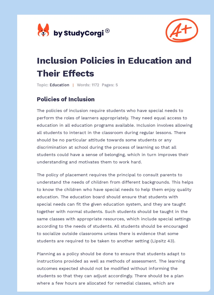 Inclusion Policies in Education and Their Effects. Page 1