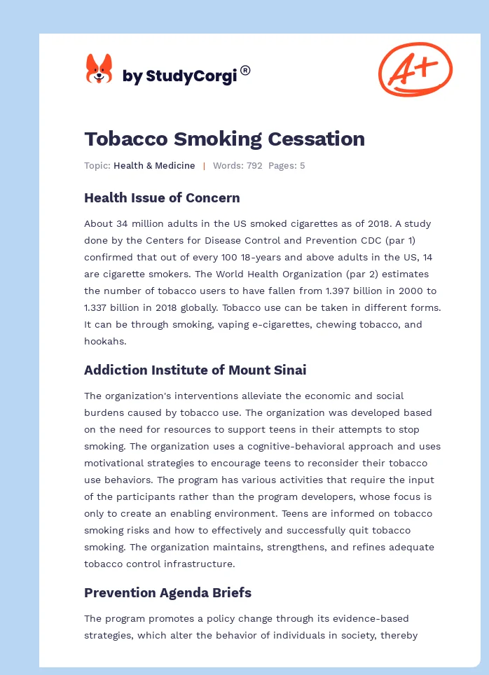 Tobacco Smoking Cessation. Page 1