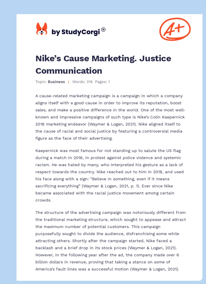 Nike’s Cause Marketing. Justice Communication. Page 1