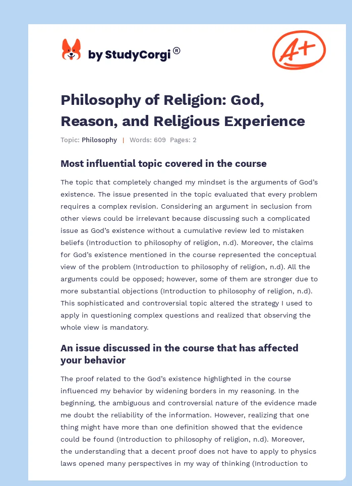 Philosophy of Religion: God, Reason, and Religious Experience. Page 1