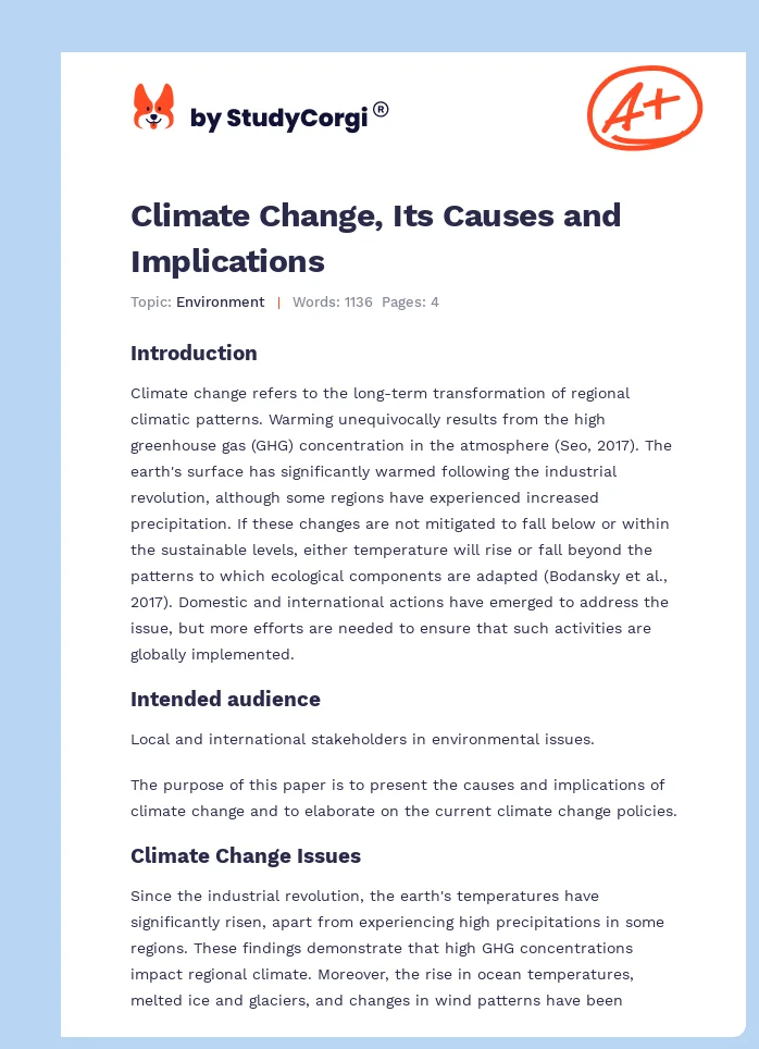 Climate Change, Its Causes and Implications. Page 1