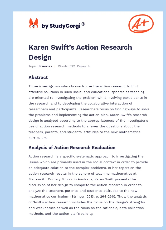 Karen Swift’s Action Research Design. Page 1