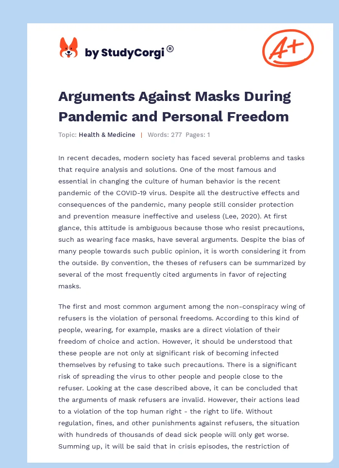 Arguments Against Masks During Pandemic and Personal Freedom. Page 1