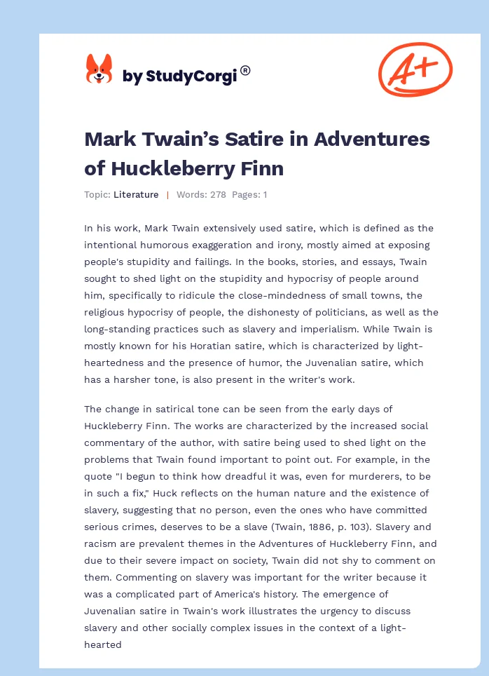 Mark Twain’s Satire in Adventures of Huckleberry Finn. Page 1