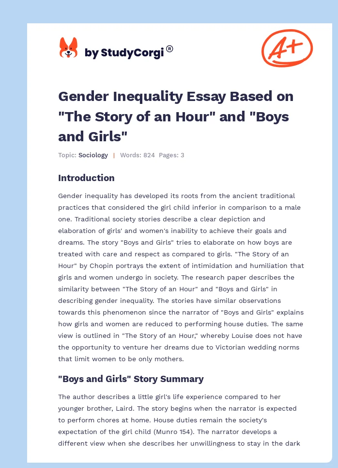 Gender Inequality Essay Based on "The Story of an Hour" and "Boys and Girls". Page 1