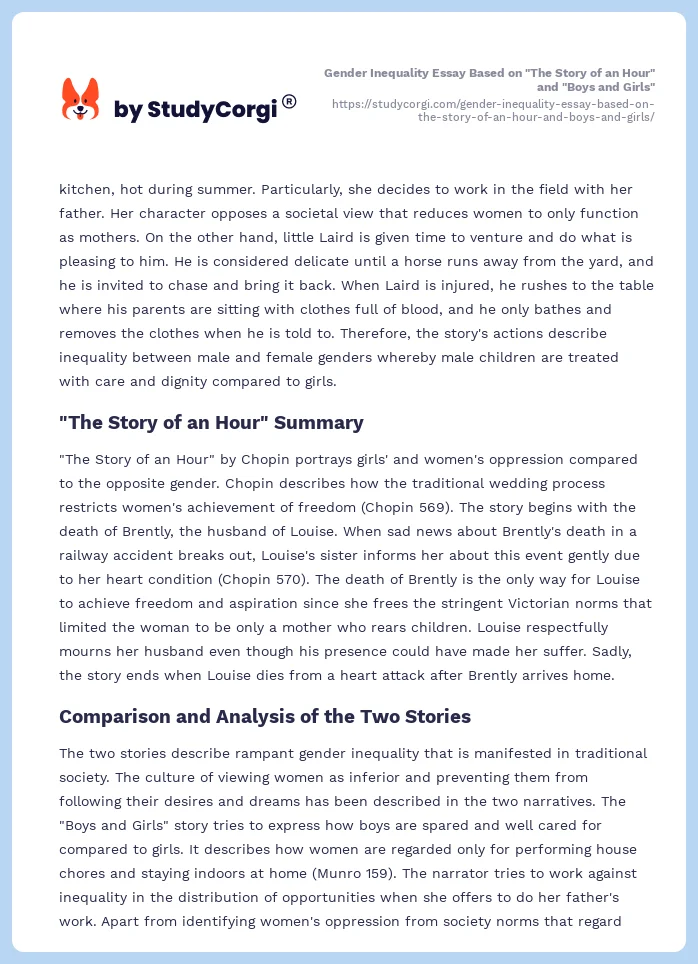 Gender Inequality Essay Based on "The Story of an Hour" and "Boys and Girls". Page 2
