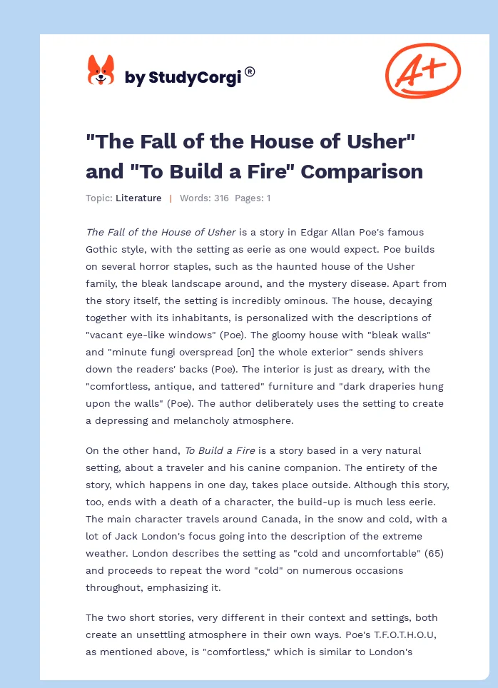 "The Fall of the House of Usher" and "To Build a Fire" Comparison. Page 1