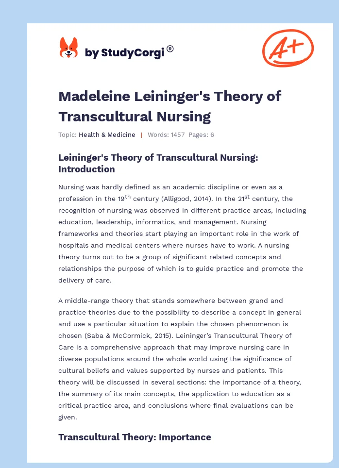 Madeleine Leininger's Theory of Transcultural Nursing. Page 1