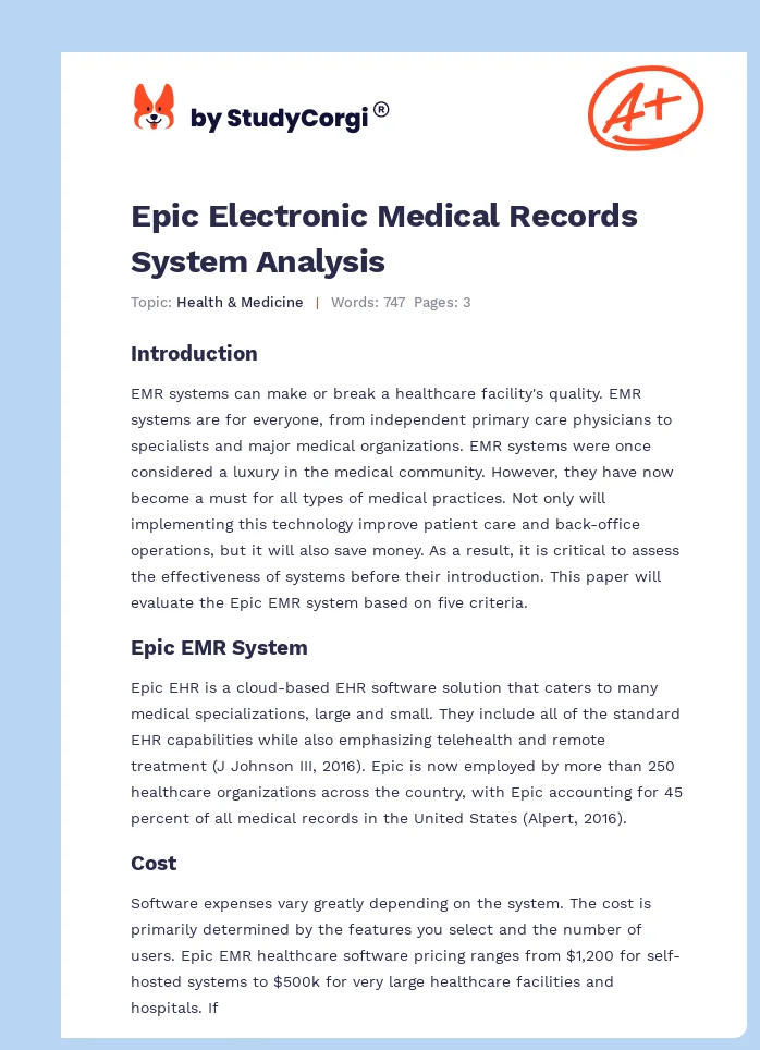 Epic Electronic Medical Records System Analysis. Page 1