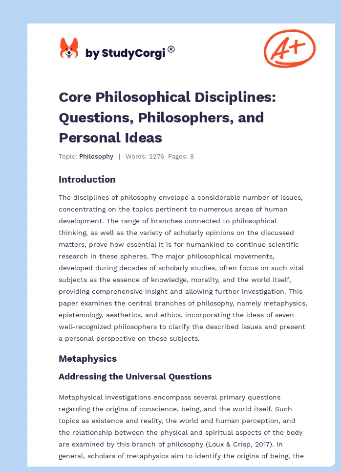 Core Philosophical Disciplines: Questions, Philosophers, and Personal Ideas. Page 1