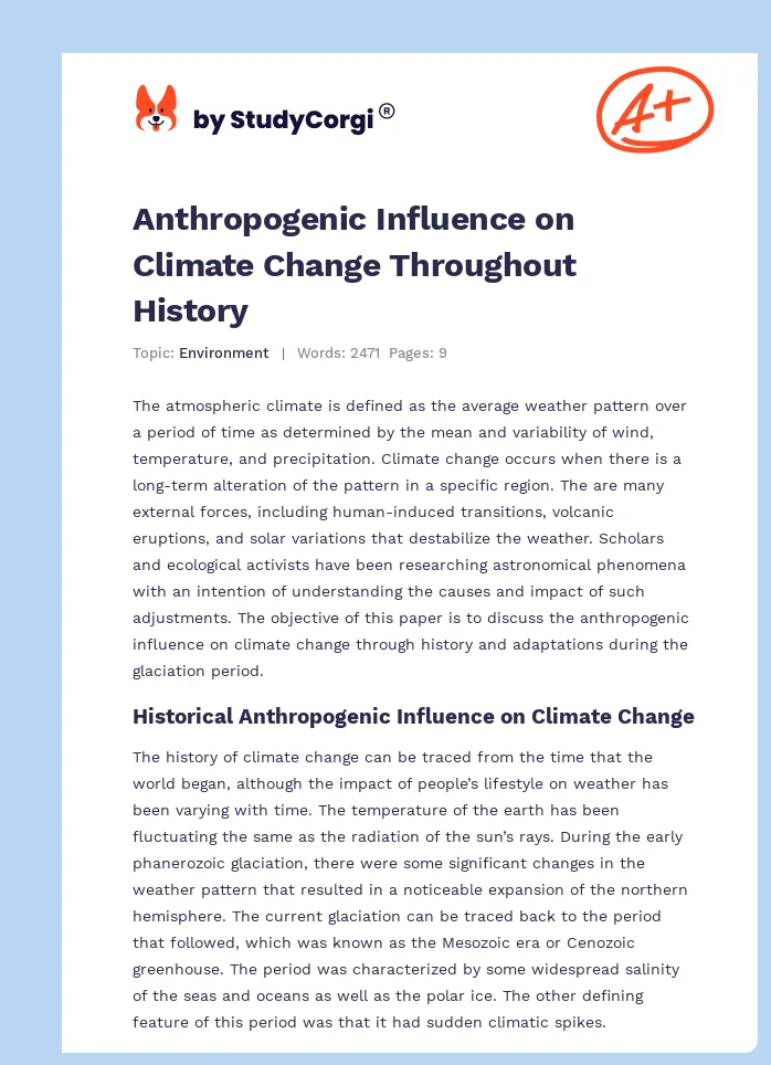 Anthropogenic Influence on Climate Change Throughout History. Page 1