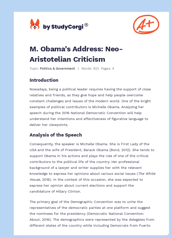 M. Obama’s Address: Neo-Aristotelian Criticism. Page 1