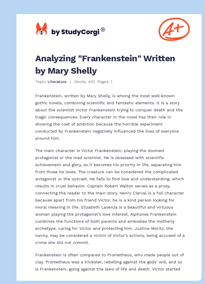 Analyzing "Frankenstein" Written by Mary Shelly. Page 1