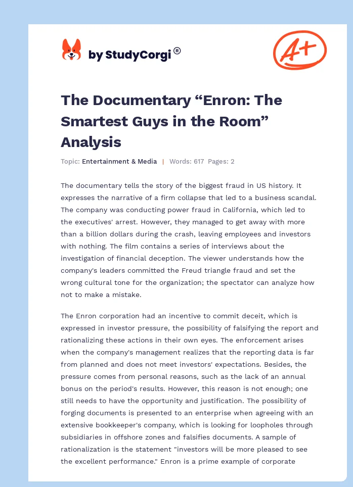 The Documentary “Enron: The Smartest Guys in the Room” Analysis. Page 1