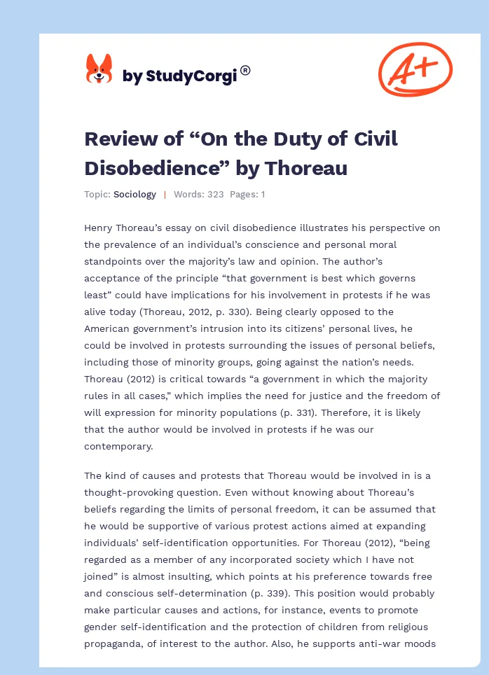 Review of “On the Duty of Civil Disobedience” by Thoreau. Page 1