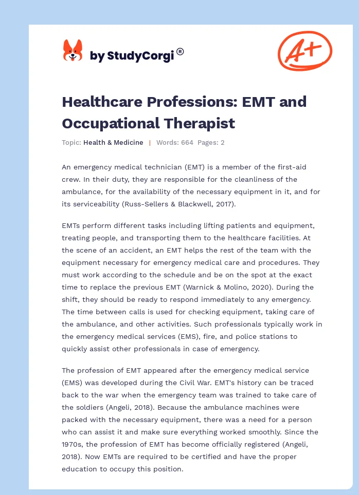Healthcare Professions: EMT and Occupational Therapist. Page 1