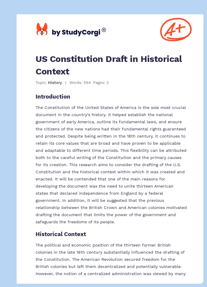 US Constitution Draft in Historical Context. Page 1