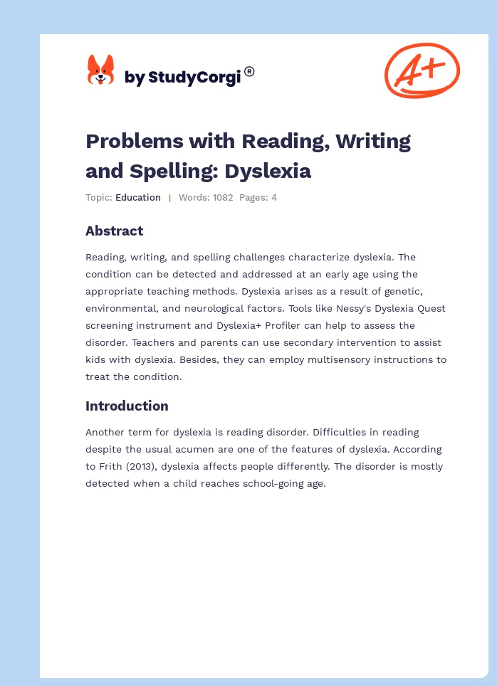 Problems with Reading, Writing and Spelling: Dyslexia. Page 1
