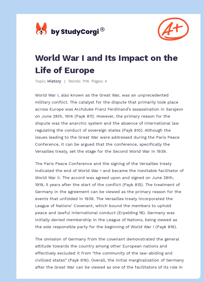 World War I and Its Impact on the Life of Europe. Page 1