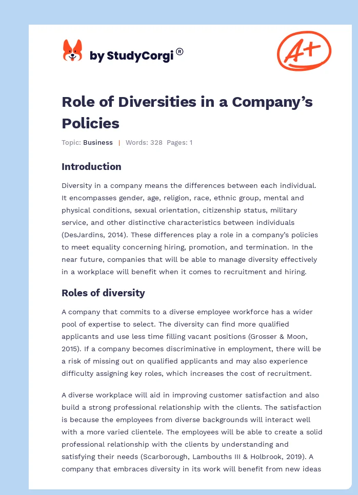 Role of Diversities in a Company’s Policies. Page 1