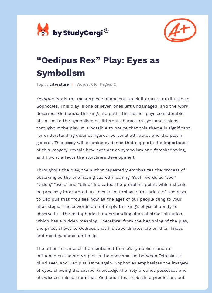 “Oedipus Rex” Play: Eyes as Symbolism. Page 1