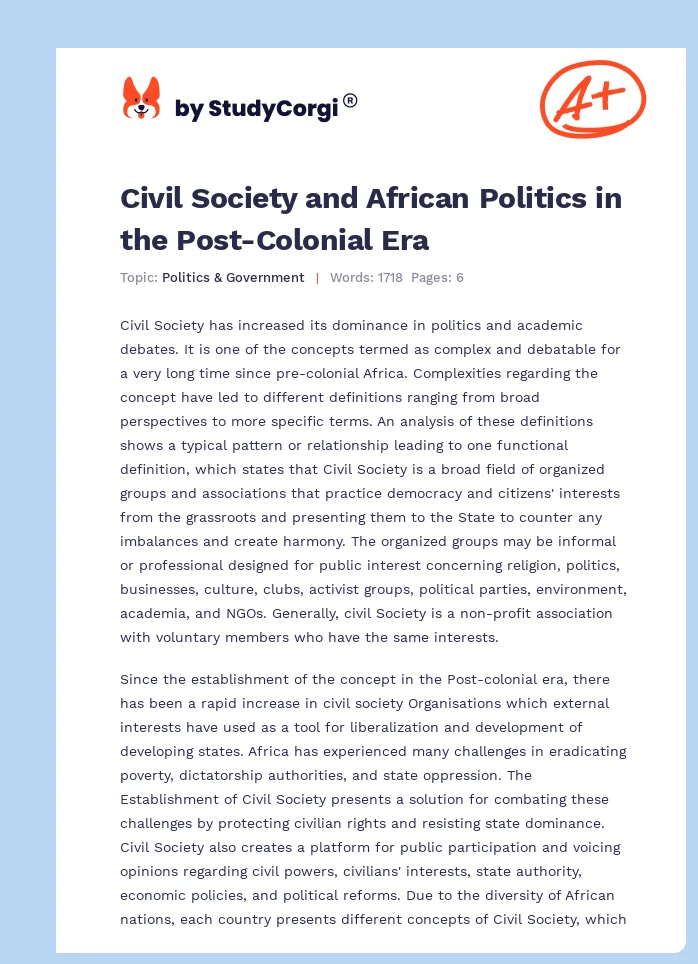 Civil Society and African Politics in the Post-Colonial Era. Page 1
