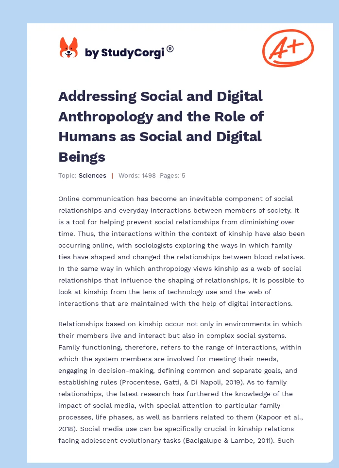 Addressing Social and Digital Anthropology and the Role of Humans as Social and Digital Beings. Page 1