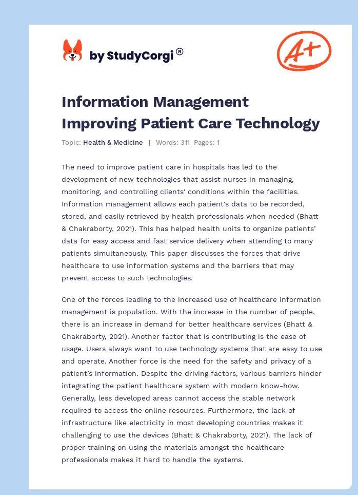 Information Management Improving Patient Care Technology. Page 1