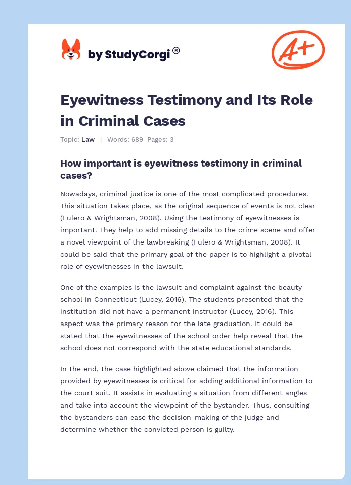Eyewitness Testimony and Its Role in Criminal Cases. Page 1
