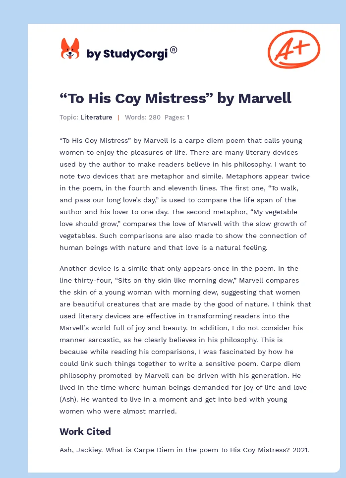 “To His Coy Mistress” by Marvell. Page 1