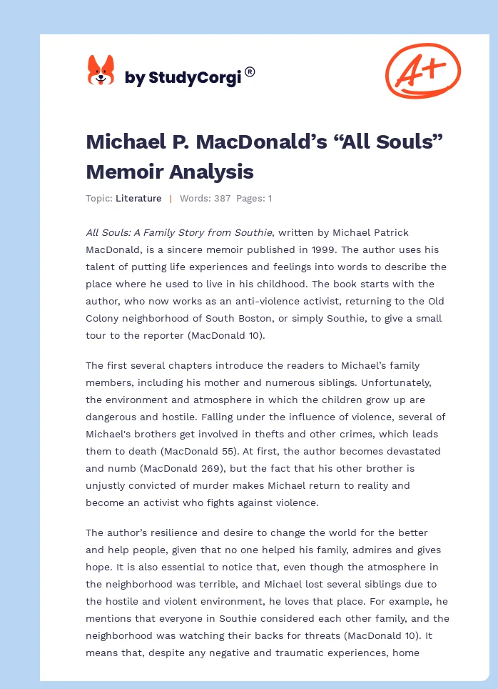 Michael P. MacDonald’s “All Souls” Memoir Analysis. Page 1