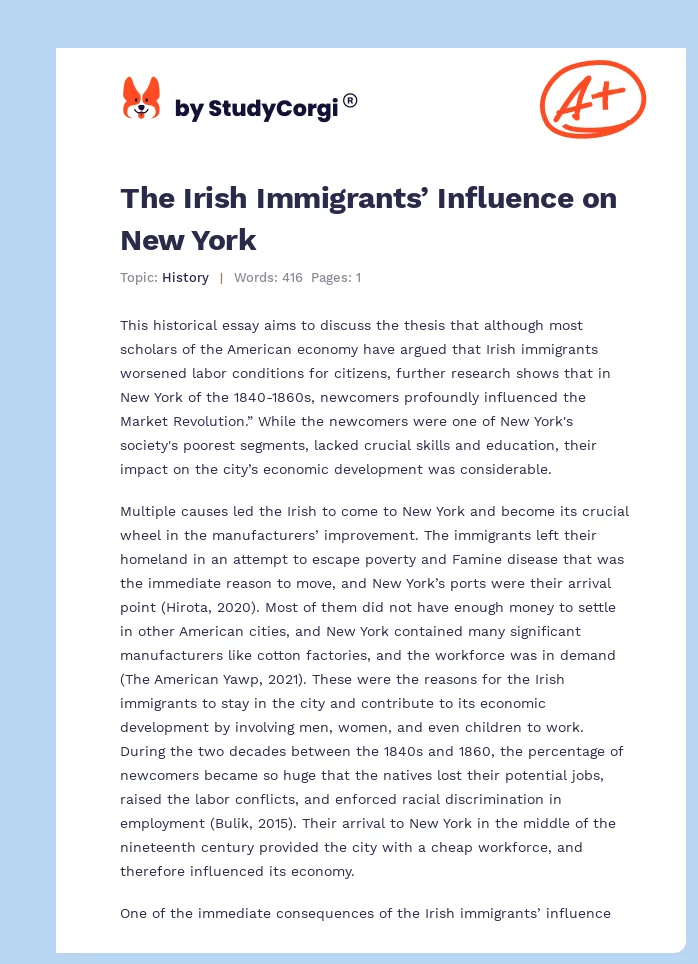 The Irish Immigrants’ Influence on New York. Page 1