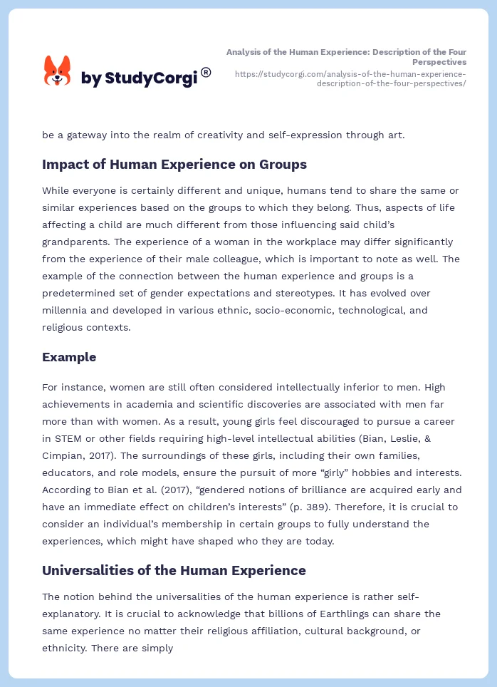 Analysis of the Human Experience: Description of the Four Perspectives. Page 2