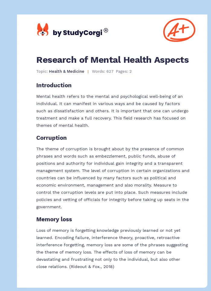 Research of Mental Health Aspects. Page 1