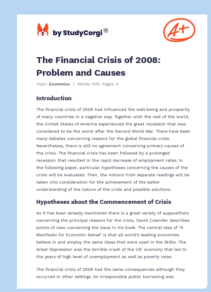 The Financial Crisis of 2008: Problem and Causes. Page 1