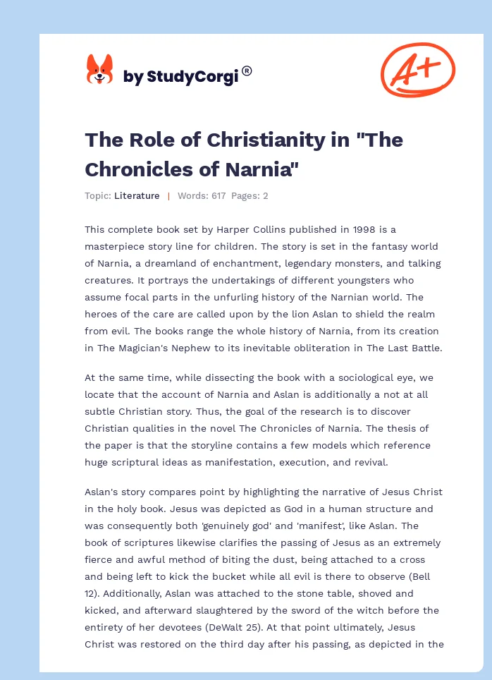 The Role of Christianity in "The Chronicles of Narnia". Page 1