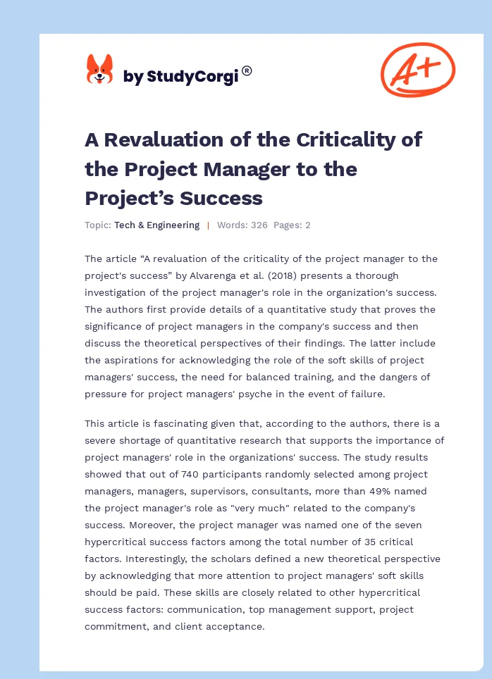 A Revaluation of the Criticality of the Project Manager to the Project’s Success. Page 1