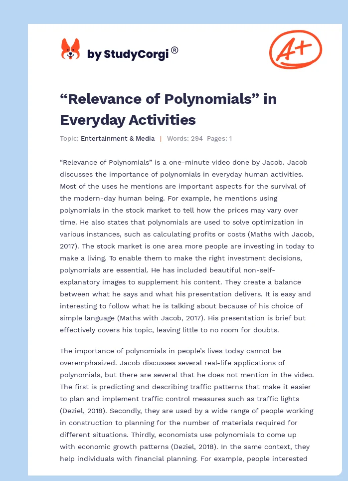 “Relevance of Polynomials” in Everyday Activities. Page 1