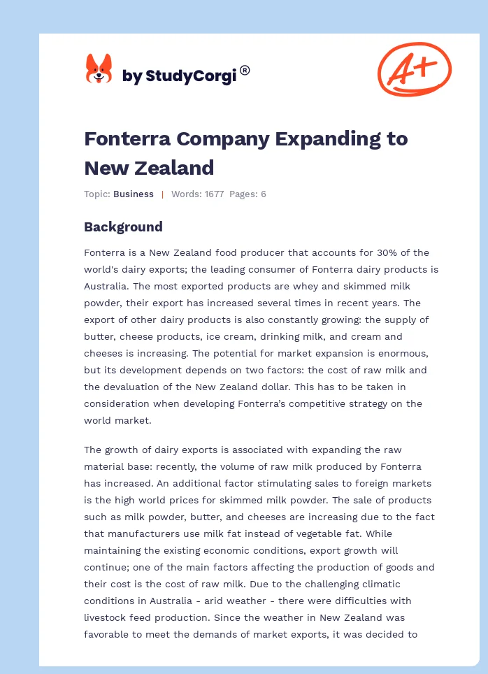 Fonterra Company Expanding to New Zealand. Page 1