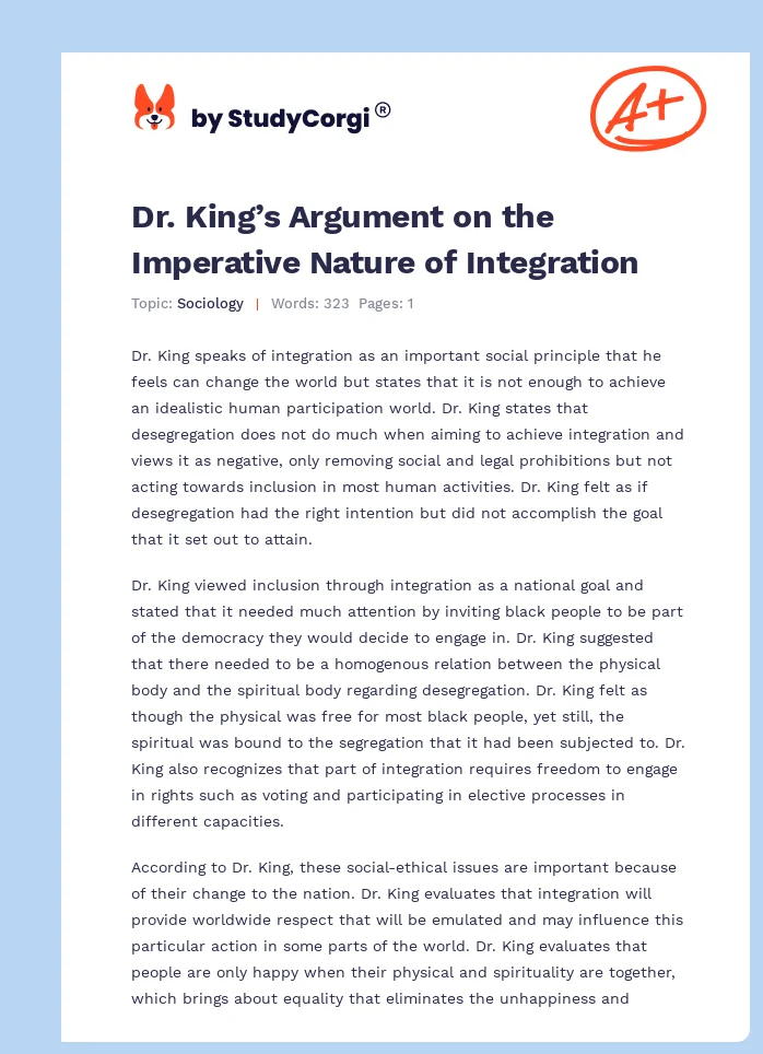 Dr. King’s Argument on the Imperative Nature of Integration. Page 1